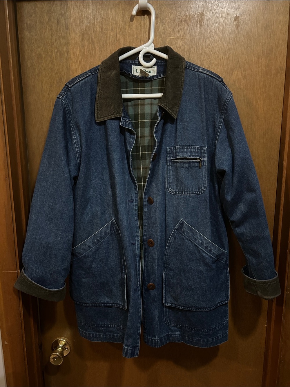 L.L. Bean Blue Denim Barn Coat with Brown Corduroy Collar